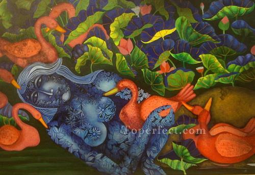 mermaid in lotus pond i Indian Oil Paintings